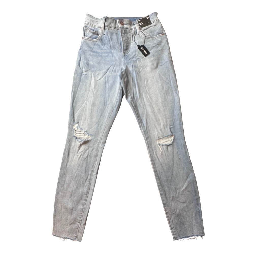 Express Jeans Women 6R Light‎ Blue Curvy Skinny Mid Rise Distressed Raw Hem NEW